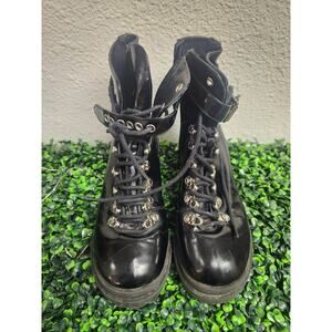 Jeffrey Campbell Black Patent Faux Leather Combat Platform Czech Boots Size 7.5M